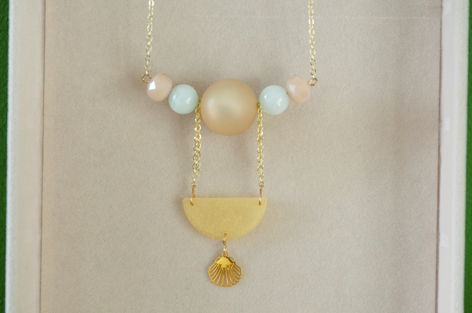 pastel coloured mint rose and gold art deco inspired necklace with shell pendant